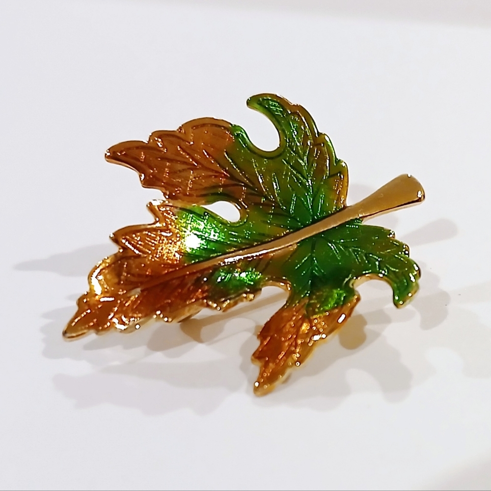 Gold and Green Tone Metal Maple Leaf Brooch